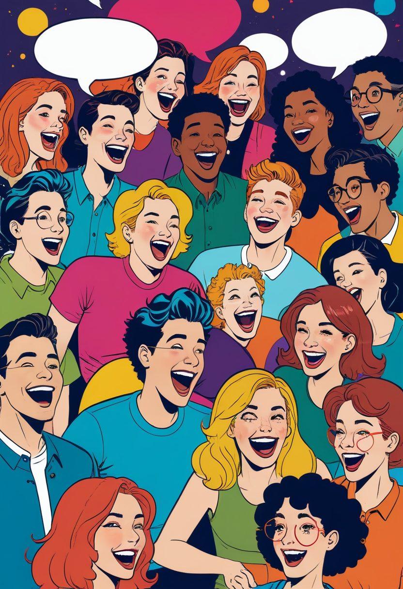 A hilarious, animated scene of diverse characters laughing uncontrollably, surrounded by playful elements like quirky comics and speech bubbles filled with witty jokes. Bright, lively colors with exaggerated expressions enhance the humor. vector art. vibrant colors.