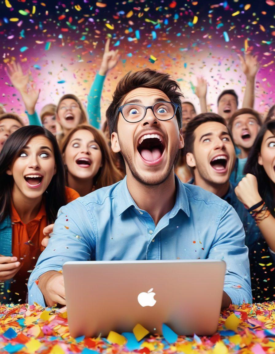 A lively scene featuring people laughing uncontrollably while watching hilarious internet videos on a big screen, with comical pranks being played in the background. Incorporate popular internet meme characters and colorful confetti falling from above. The mood should be energetic and joyful. super-realistic. vibrant colors.
